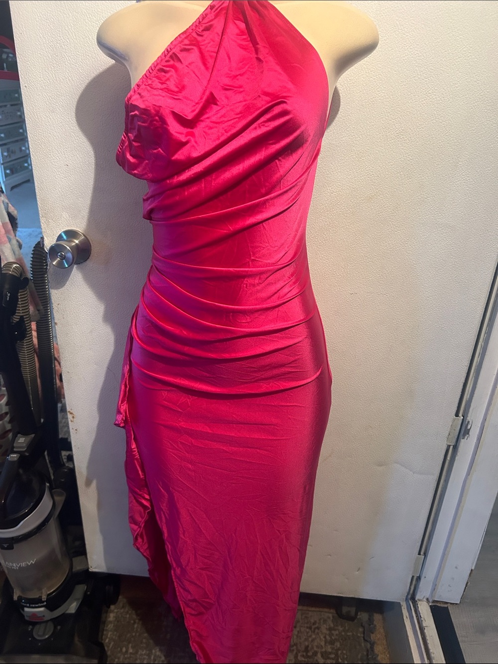 Asymmetric One-Shoulder Hot Pink Maxi Dress